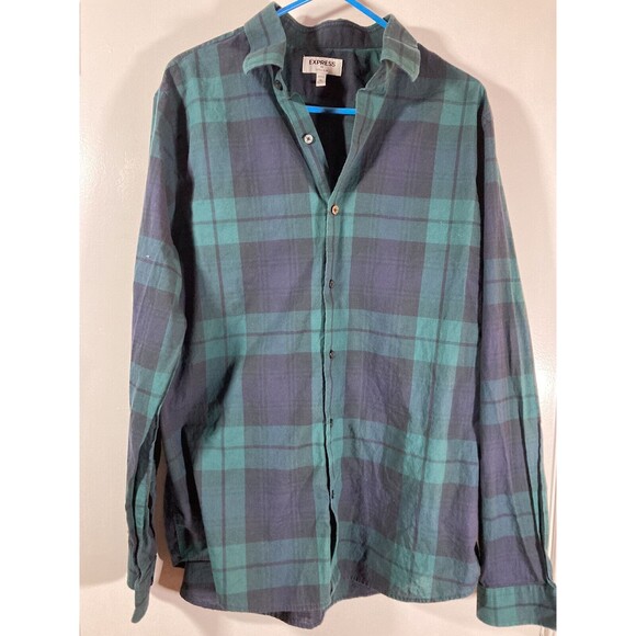 EXPRESS Men's Fitted Dress Shirt • Black / Green Plaid • (XL) • Extra Slim Fit - Picture 1 of 6